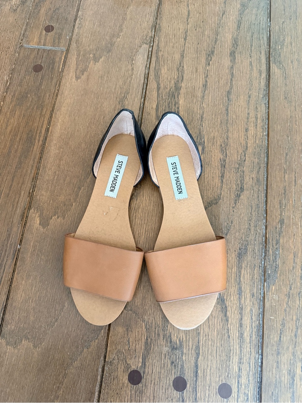 Steve Madden Two-Tone Tan Front with Black Heel D'Orsay Sandals - Picture 2 of 6
